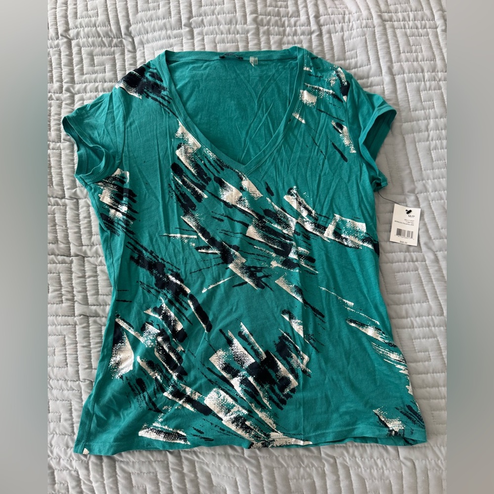 Tahari Teal and Black Abstract V-Neck Top